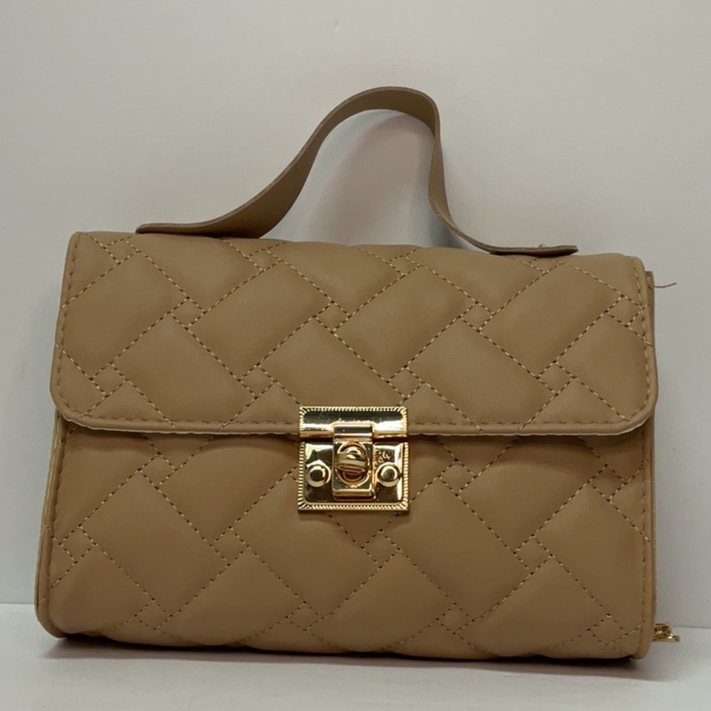 Tan and Gold Quilted Mini Bag with Top Handle